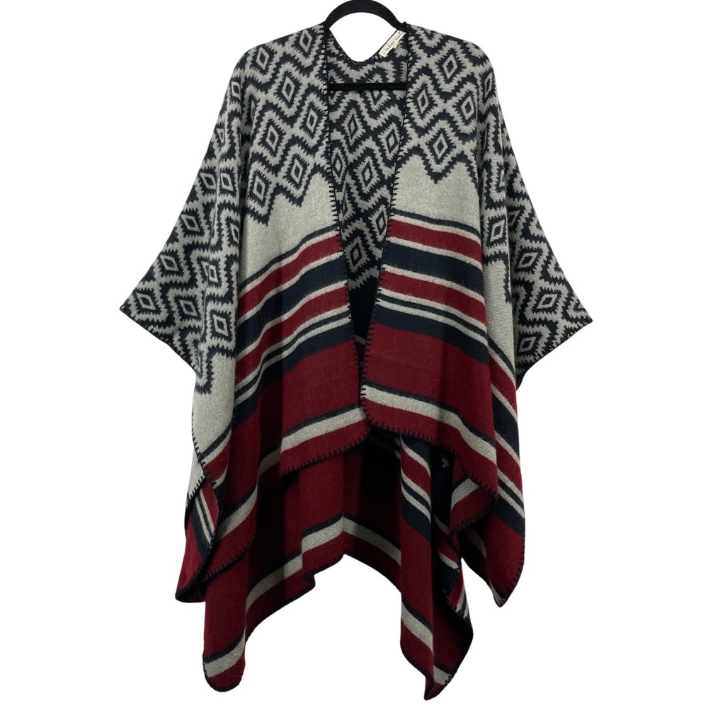 Indigo Soul Womens OS Poncho Wrap Red Navy Blue Southwestern Geometric Striped
